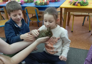 Dzieci głaszczą króliczka.