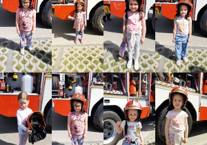 Dziewczynki w hełmie strażackim.